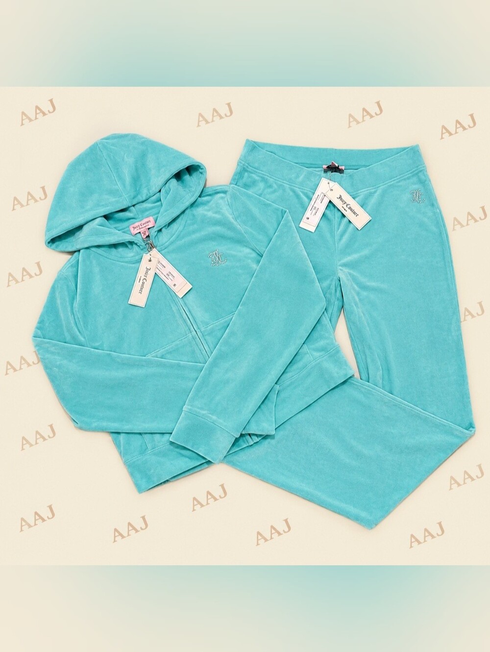 Juicy Couture Pink Aqua Splash Initial Logo Velour Zip Hoodie & Pants Set – XL